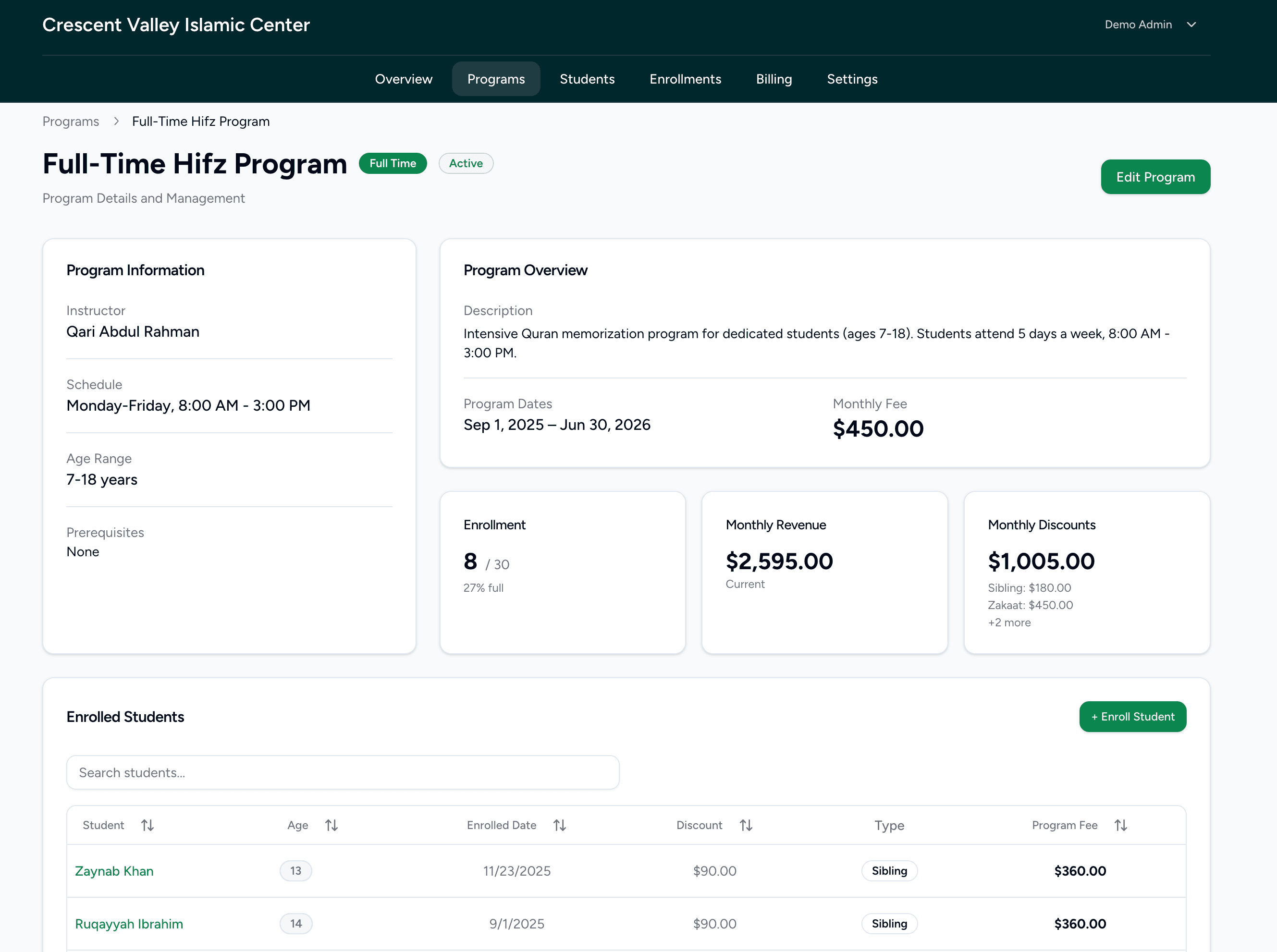 imarah Programs dashboard showing enrollment and payment management